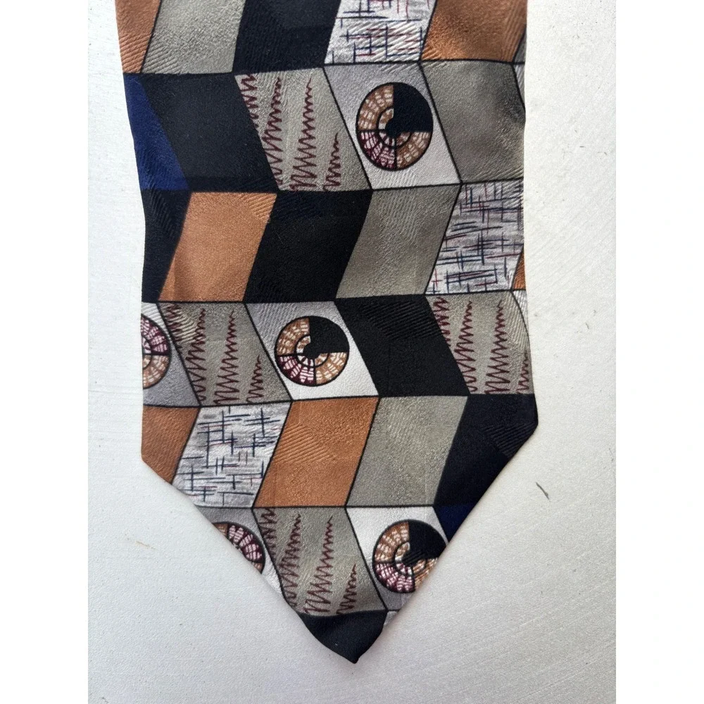 Trissardi Silk Necktie Geometric Abstract Bronze Grey Navy Blue Black‎ Mens Tie